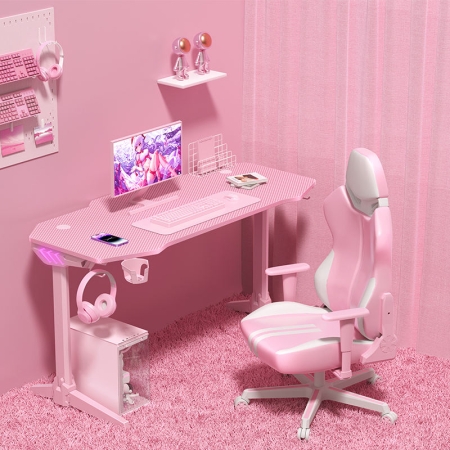 Adjustable‑Height Pink RGB LED Gaming Computer Desk